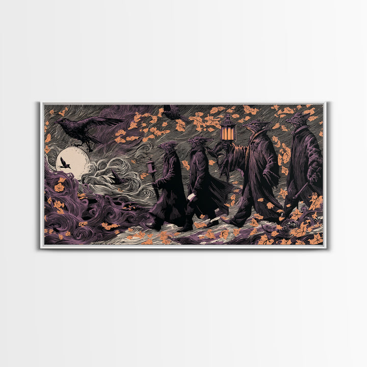 The Gargoyle Rooftop Choir - Procession Scene, Spooky Wall Decor, Wide Panoramic Art, Framed Canvas Print, Halloween Home Decor