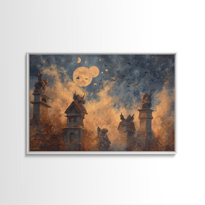 The Gargoyle Rooftop Choir - Surreal Celestial Vision, Halloween Wall Art, Landscape Wall Art, Framed Canvas Print, Halloween Home Decor