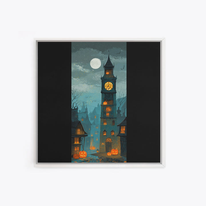 The October Clock Tower - Icon Portrait, Spooky Wall Decor, Square Wall Art, Framed Canvas Print, Halloween Home Decor, Gothic Wall Art