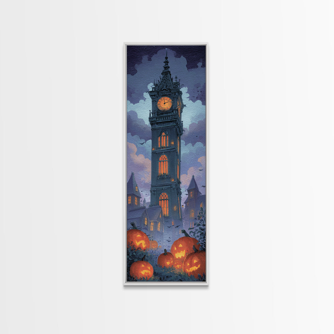 The October Clock Tower - Icon Portrait, Halloween Wall Art, Tall Narrow Wall Art, Framed Canvas Print, Halloween Home Decor