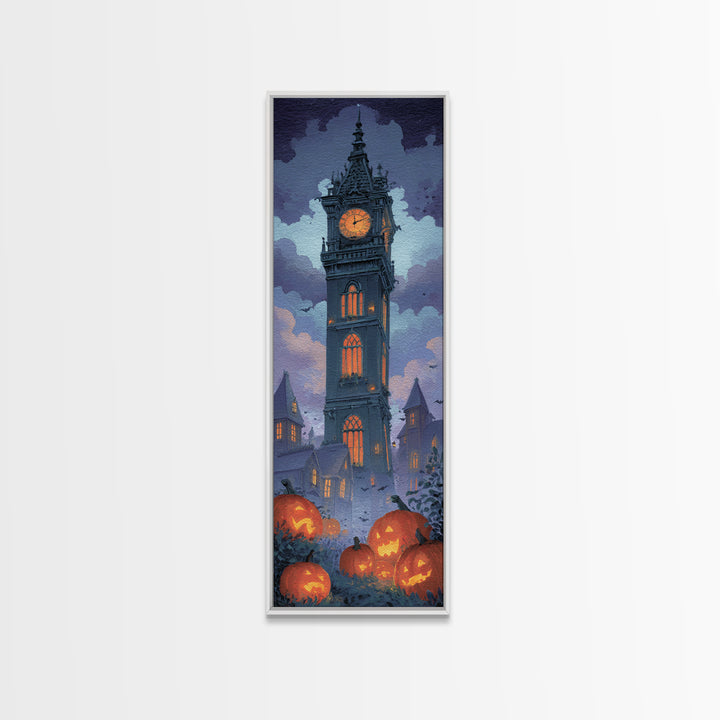 The October Clock Tower - Icon Portrait, Halloween Wall Art, Tall Narrow Wall Art, Framed Canvas Print, Halloween Home Decor