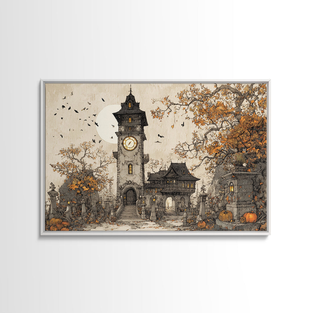 The October Clock Tower - Procession Scene, Dark Fantasy Wall Art, Landscape Wall Art, Canvas Print, Halloween Home Decor, Gothic Wall Art