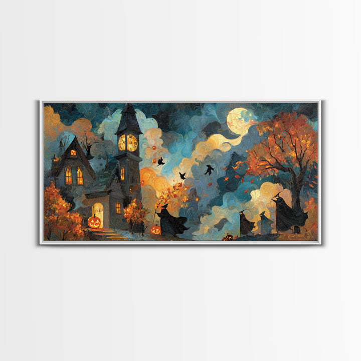 The October Clock Tower - Procession Scene, Halloween Wall Art, Wide Panoramic Art, Framed Canvas Print, Halloween Home Decor