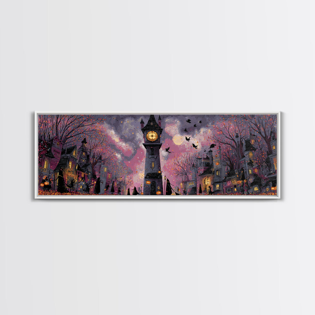 The October Clock Tower - Procession Scene, Gothic Home Decor, Extra Wide Wall Art, Canvas Print, Halloween Home Decor, Gothic Wall Art