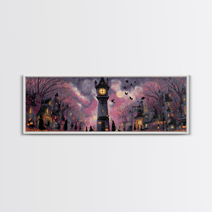 The October Clock Tower - Procession Scene, Gothic Home Decor, Extra Wide Wall Art, Canvas Print, Halloween Home Decor, Gothic Wall Art