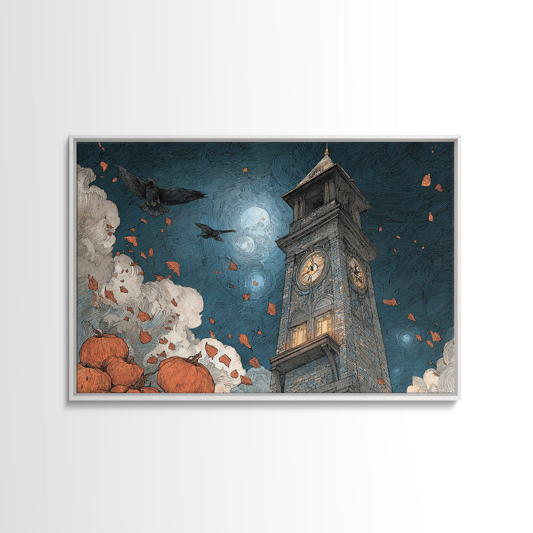 The October Clock Tower - Surreal Celestial Vision, Halloween Wall Art, Landscape Wall Art, Framed Canvas Print, Halloween Home Decor