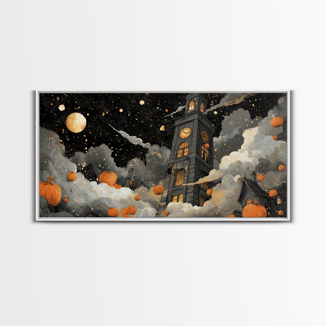 The October Clock Tower - Surreal Celestial Vision, Spooky Wall Decor, Wide Panoramic Art, Framed Canvas Print, Halloween Home Decor