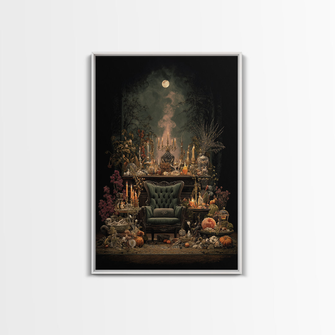 The Spider Queen Parlor - Occult Still Life, Spooky Wall Decor, Vertical Wall Art, Framed Canvas Print, Halloween Home Decor