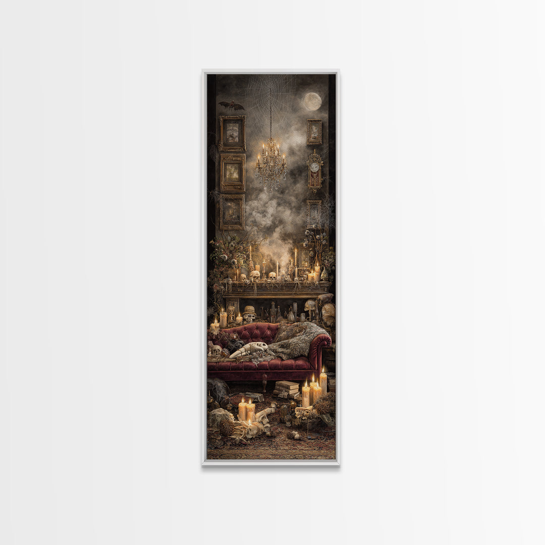 The Spider Queen Parlor - Occult Still Life, Spooky Wall Decor, Tall Narrow Wall Art, Framed Canvas Print, Halloween Home Decor