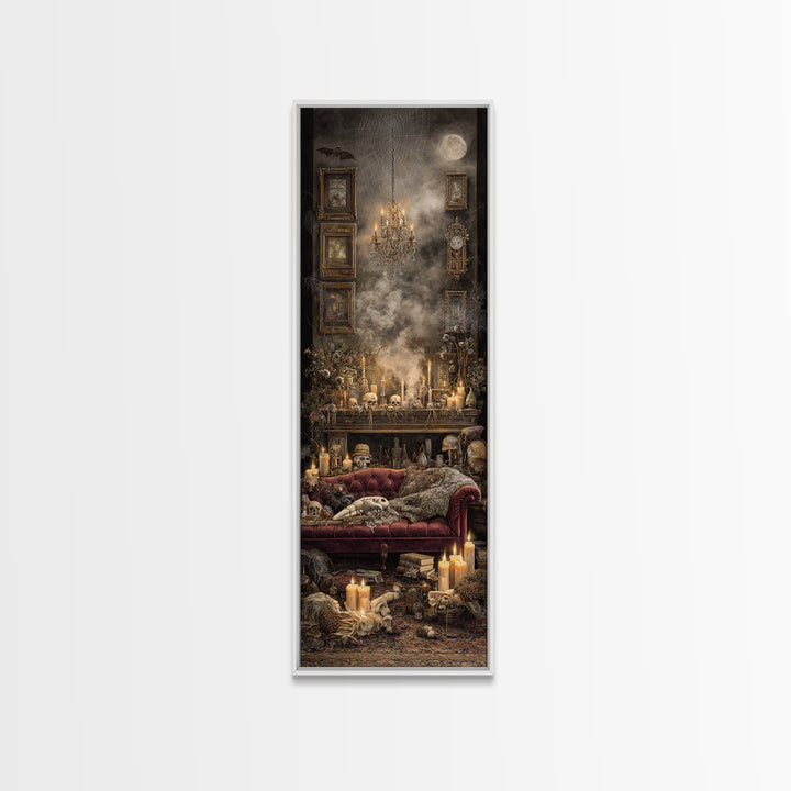 The Spider Queen Parlor - Occult Still Life, Spooky Wall Decor, Tall Narrow Wall Art, Framed Canvas Print, Halloween Home Decor