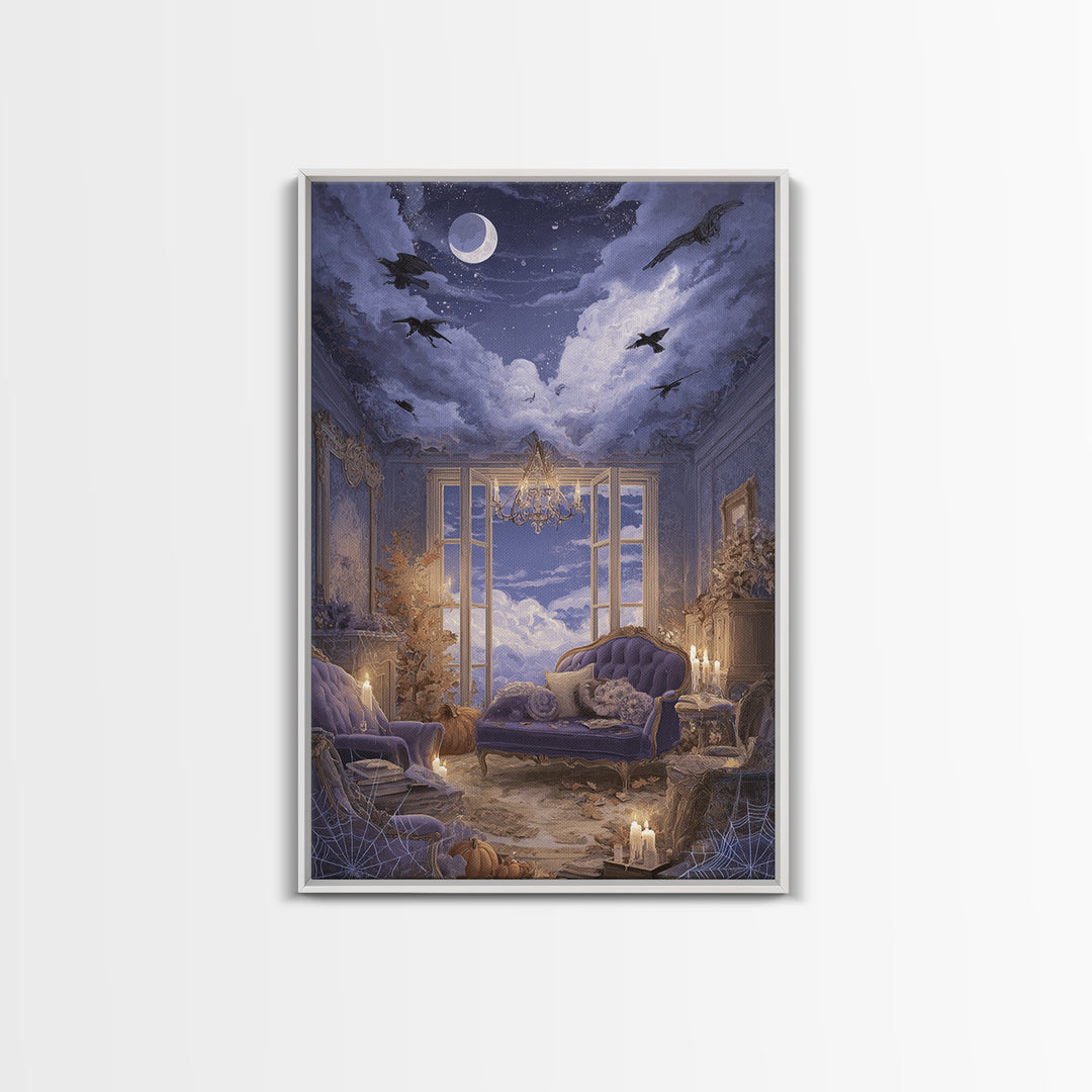 The Spider Queen Parlor - Surreal Celestial Vision, Macabre Halloween Art, Vertical Wall Art, Framed Canvas Print, Halloween Home Decor