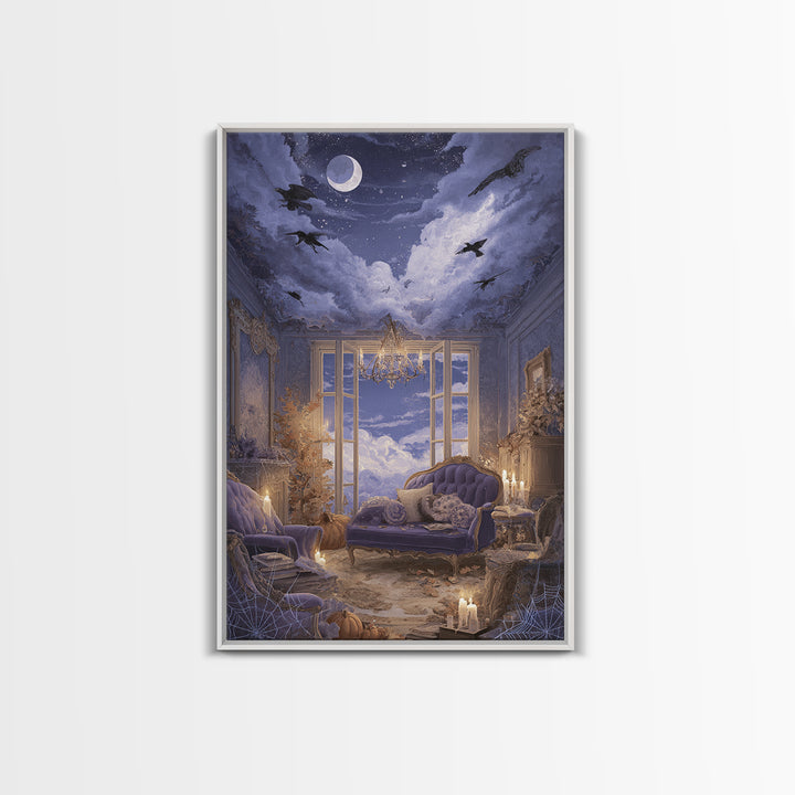 The Spider Queen Parlor - Surreal Celestial Vision, Macabre Halloween Art, Vertical Wall Art, Framed Canvas Print, Halloween Home Decor