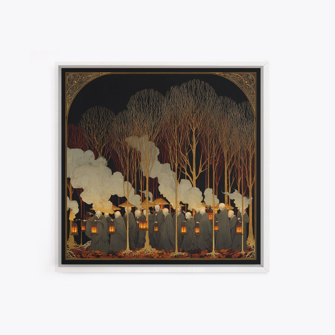 The Golden Funeral Procession - Icon Portrait, Spooky Wall Decor, Square Wall Art, Framed Canvas Print, Halloween Home Decor