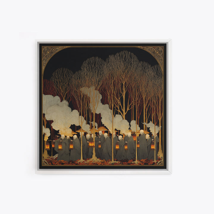 The Golden Funeral Procession - Icon Portrait, Spooky Wall Decor, Square Wall Art, Framed Canvas Print, Halloween Home Decor