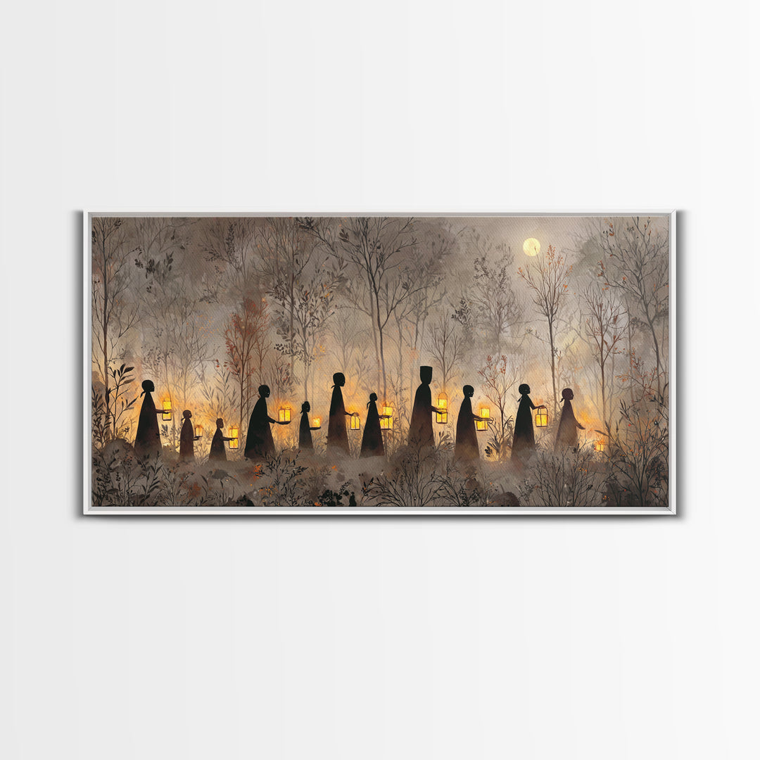 The Golden Funeral Procession - Icon Portrait, Macabre Halloween Art, Wide Panoramic Art, Framed Canvas Print, Halloween Home Decor