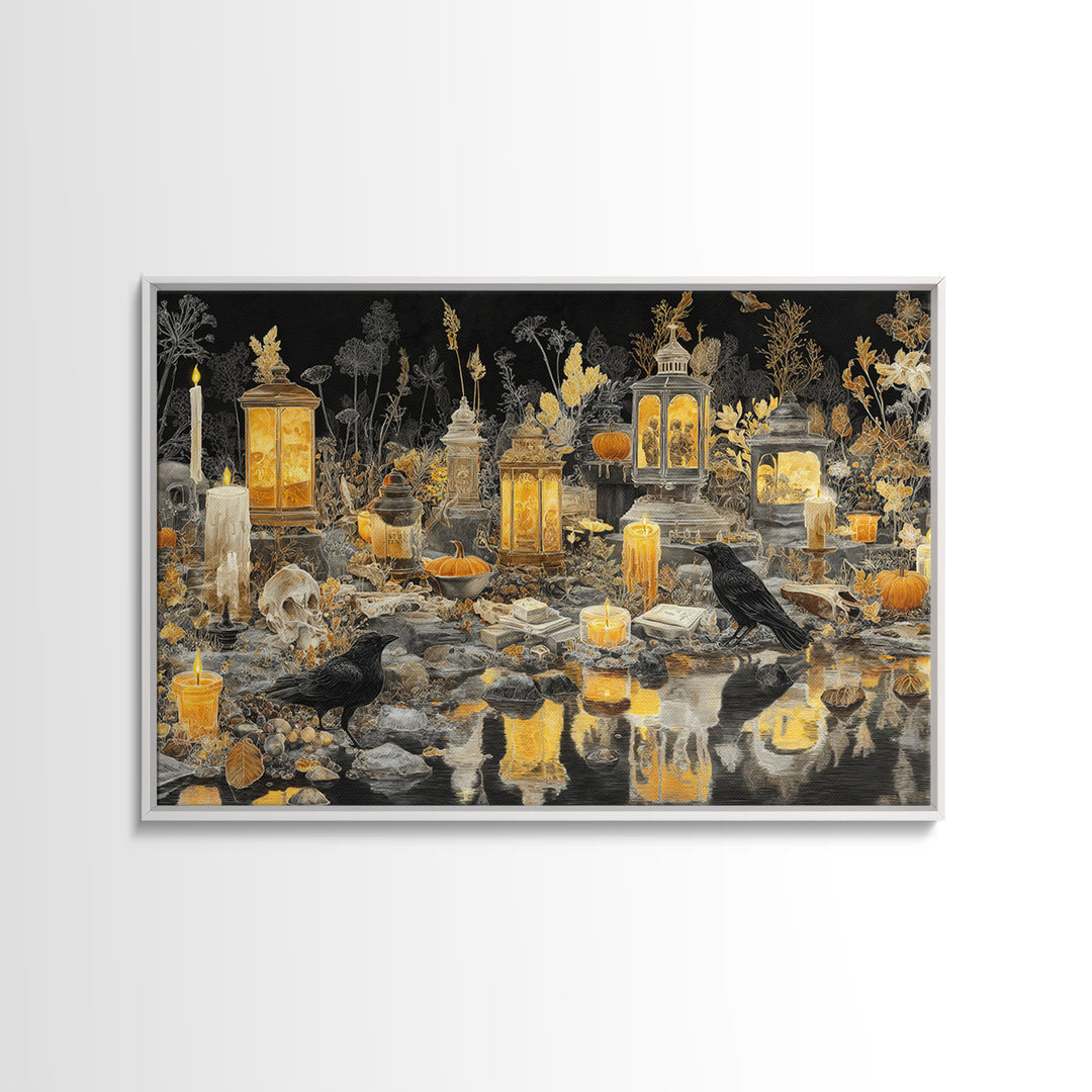 The Golden Funeral Procession - Occult Still Life, Halloween Wall Art, Landscape Wall Art, Framed Canvas Print, Halloween Home Decor