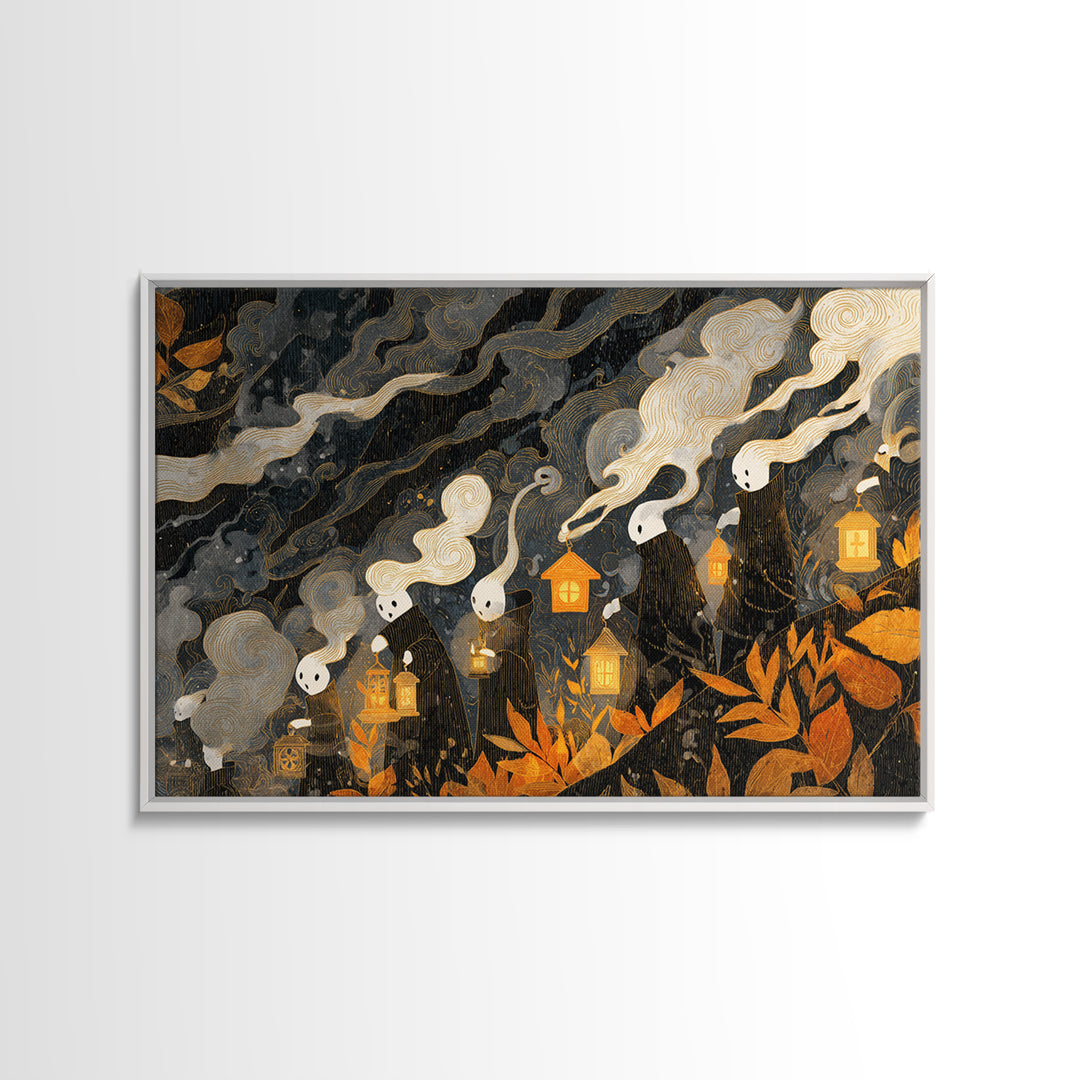 The Golden Funeral Procession - Procession Scene, Spooky Wall Decor, Landscape Wall Art, Framed Canvas Print, Halloween Home Decor