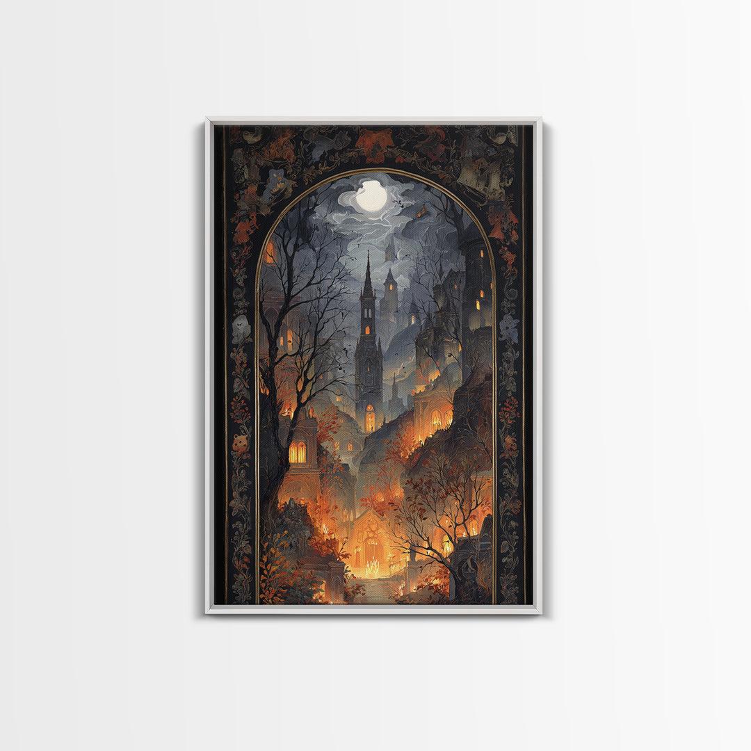 The Monster In The Mirror Cabinet - Environmental Panorama, Macabre Halloween Art, Vertical Wall Art, Framed Canvas Print, Gothic Wall Art