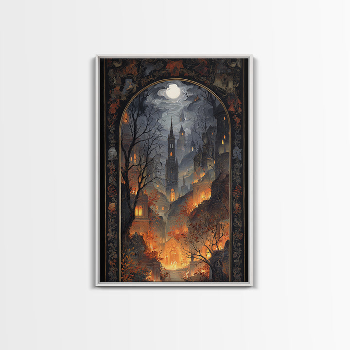 The Monster In The Mirror Cabinet - Environmental Panorama, Macabre Halloween Art, Vertical Wall Art, Framed Canvas Print, Gothic Wall Art