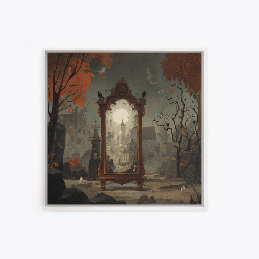 The Monster In The Mirror Cabinet - Environmental Panorama, Halloween Wall Art, Square Wall Art, Framed Canvas Print, Halloween Home Decor
