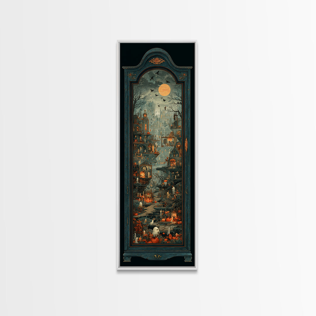 The Monster In The Mirror Cabinet - Environmental Panorama, Halloween Wall Art, Tall Narrow Wall Art, Framed Canvas Print, Gothic Wall Art