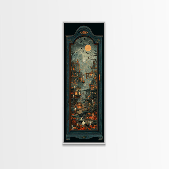 The Monster In The Mirror Cabinet - Environmental Panorama, Halloween Wall Art, Tall Narrow Wall Art, Framed Canvas Print, Gothic Wall Art