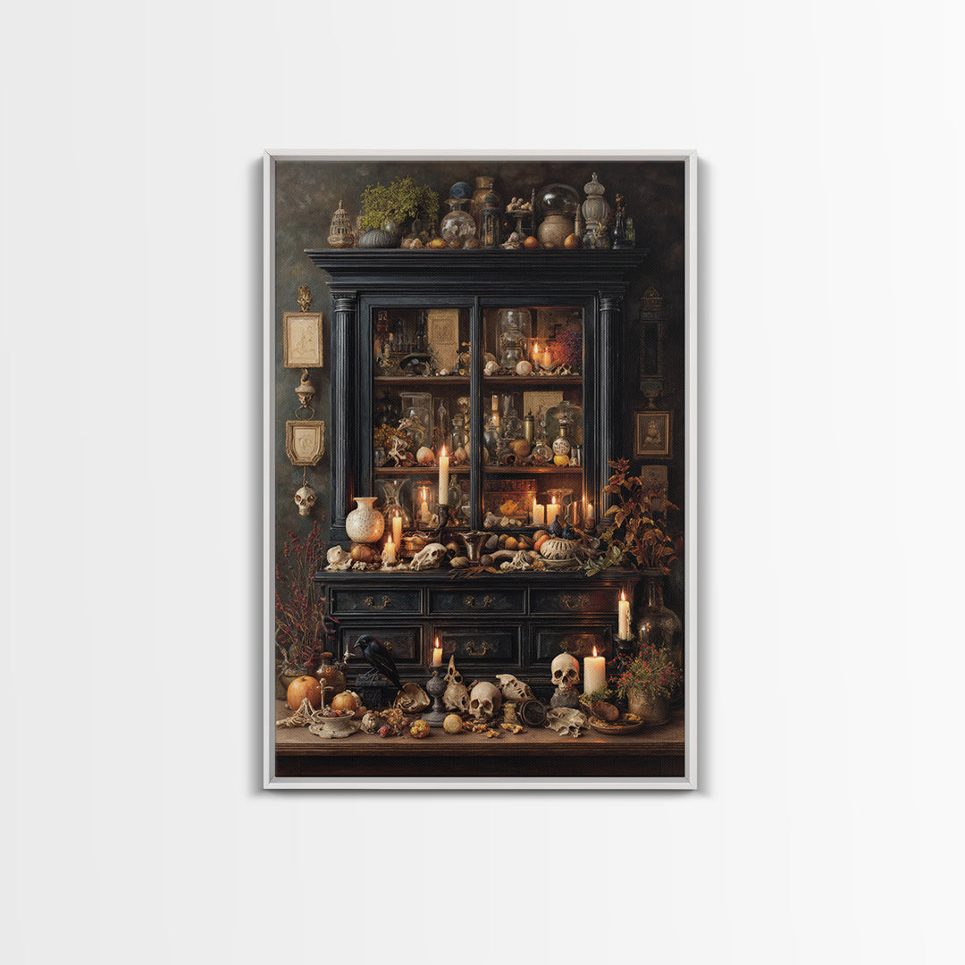 The Monster In The Mirror Cabinet - Occult Still Life, Macabre Halloween Art, Vertical Wall Art, Framed Canvas Print, Halloween Home Decor