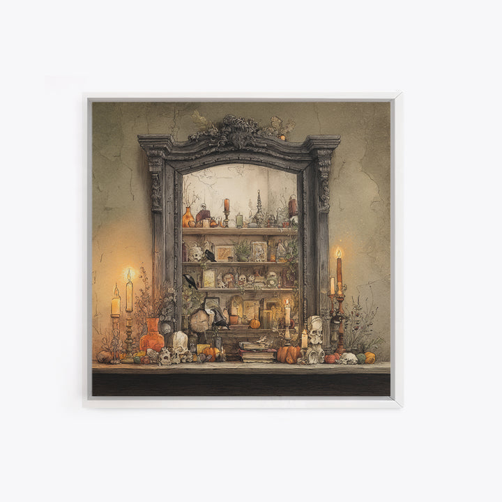 The Monster In The Mirror Cabinet - Occult Still Life, Dark Fantasy Wall Art, Square Wall Art, Canvas Print, Halloween Home Decor