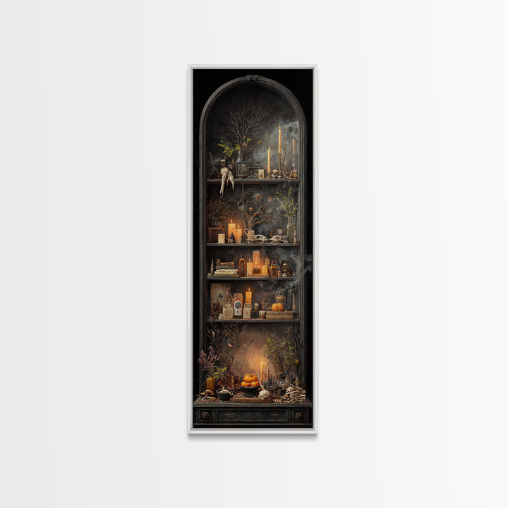 The Monster In The Mirror Cabinet - Occult Still Life, Dark Fantasy Wall Art, Tall Narrow Wall Art, Canvas Print, Halloween Home Decor