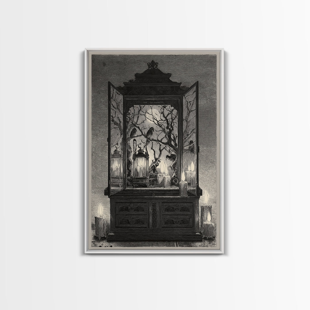 The Monster In The Mirror Cabinet - Procession Scene, Macabre Halloween Art, Vertical Wall Art, Framed Canvas Print, Halloween Home Decor