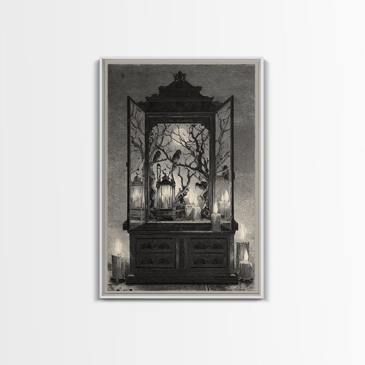 The Monster In The Mirror Cabinet - Procession Scene, Macabre Halloween Art, Vertical Wall Art, Framed Canvas Print, Halloween Home Decor