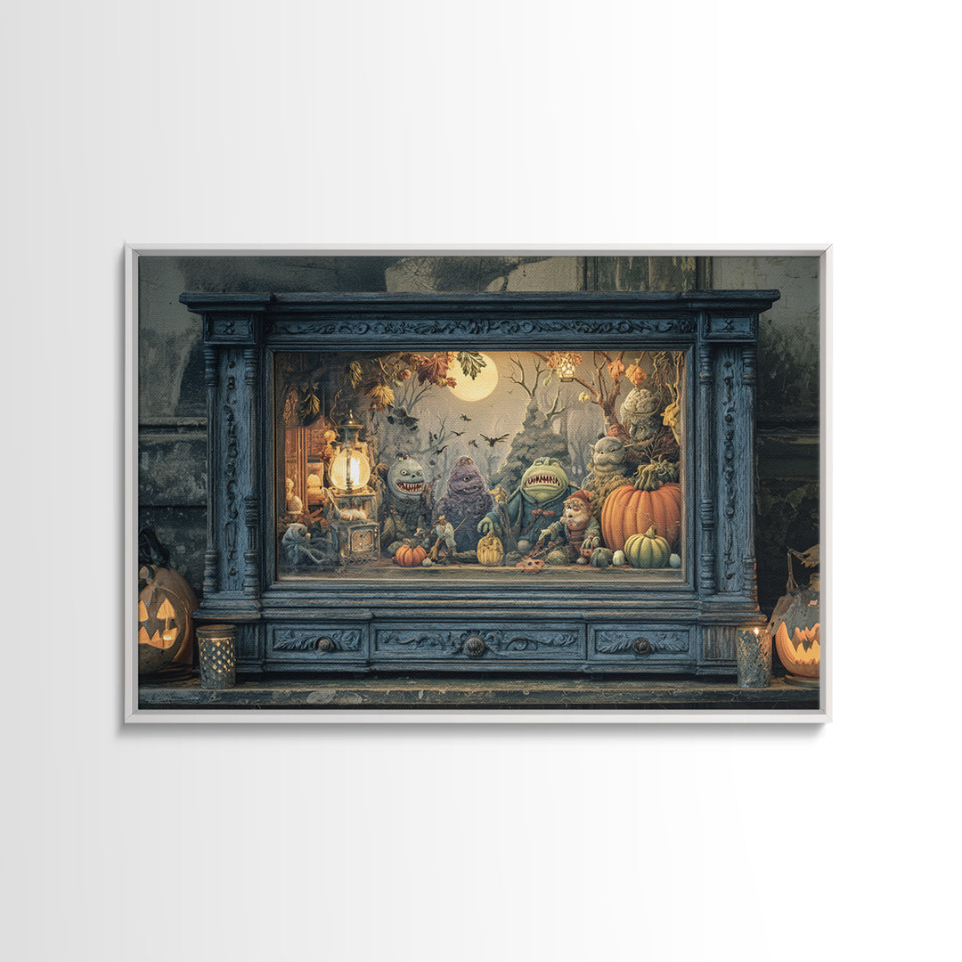 The Monster In The Mirror Cabinet - Procession Scene, Macabre Halloween Art, Landscape Wall Art, Framed Canvas Print, Halloween Home Decor
