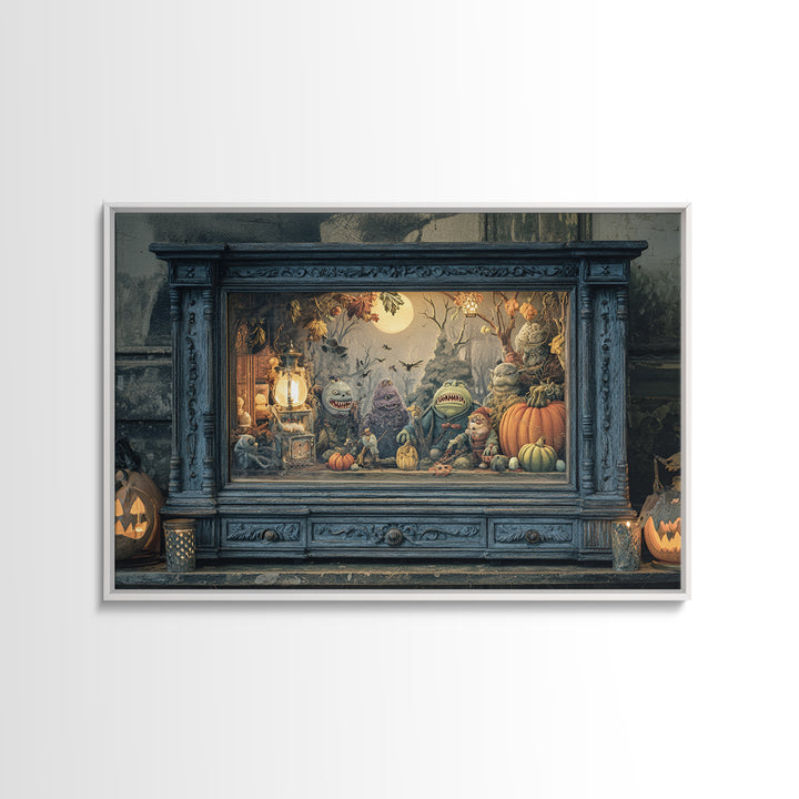 The Monster In The Mirror Cabinet - Procession Scene, Macabre Halloween Art, Landscape Wall Art, Framed Canvas Print, Halloween Home Decor