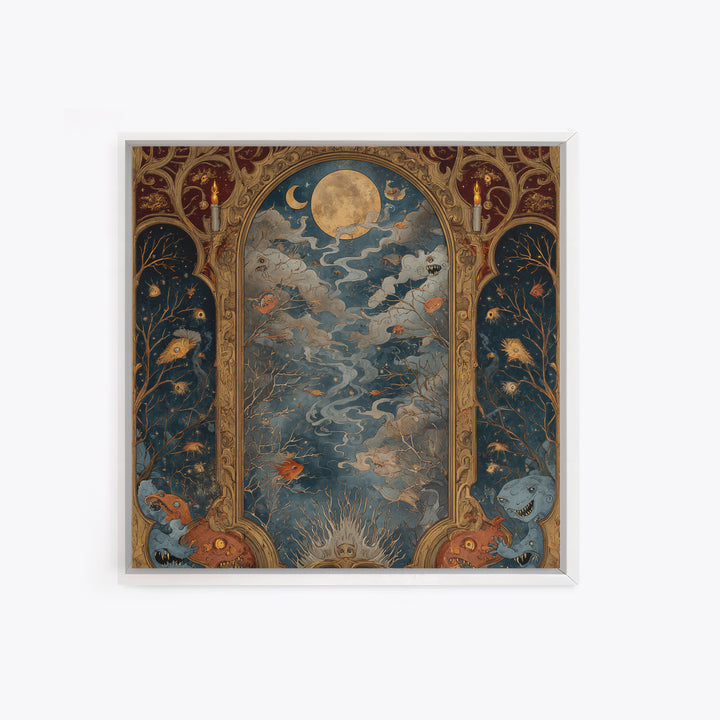 The Monster In The Mirror Cabinet - Surreal Celestial Vision, Macabre Halloween Art, Square Wall Art, Framed Canvas Print, Gothic Wall Art