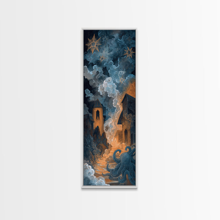 The Bellringer Of The Sunken Cathedral, Dark Fantasy Wall Art, Tall Narrow Wall Art, Framed Canvas Print, Halloween Home Decor