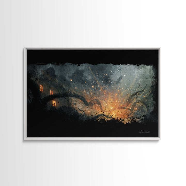 The Crawler Beneath The Floor Of Stars, Spooky Wall Decor, Landscape Wall Art, Framed Canvas Print, Halloween Home Decor, Gothic Wall Art