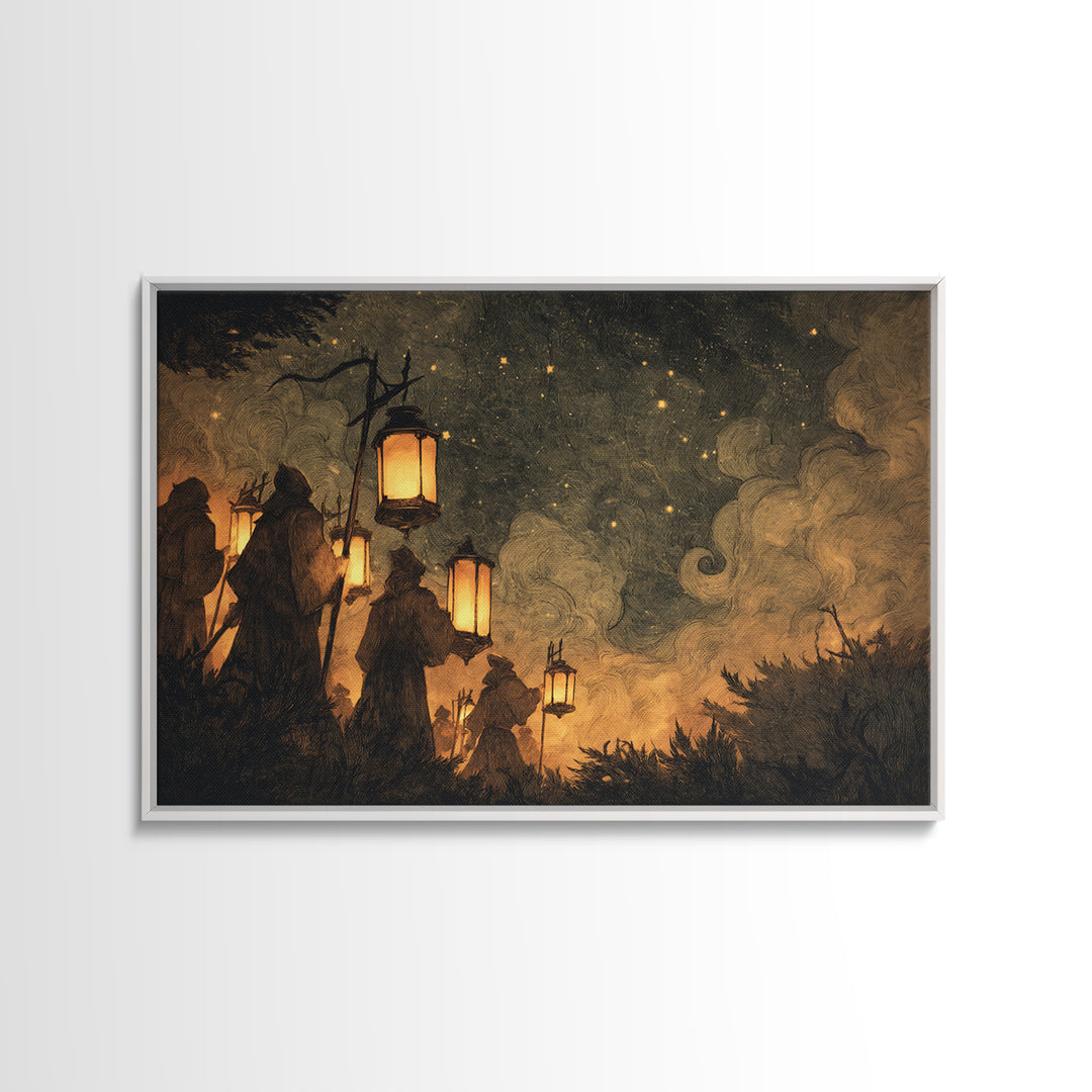 The Innsmouth Lantern Procession, Lovecraftian Wall Art, Landscape Wall Art, Framed Canvas Print, Halloween Home Decor, Gothic Wall Art