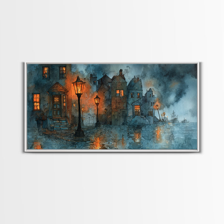 The Innsmouth Lantern Procession, Occult Wall Decor, Wide Panoramic Art, Framed Canvas Print, Halloween Home Decor, Gothic Wall Art