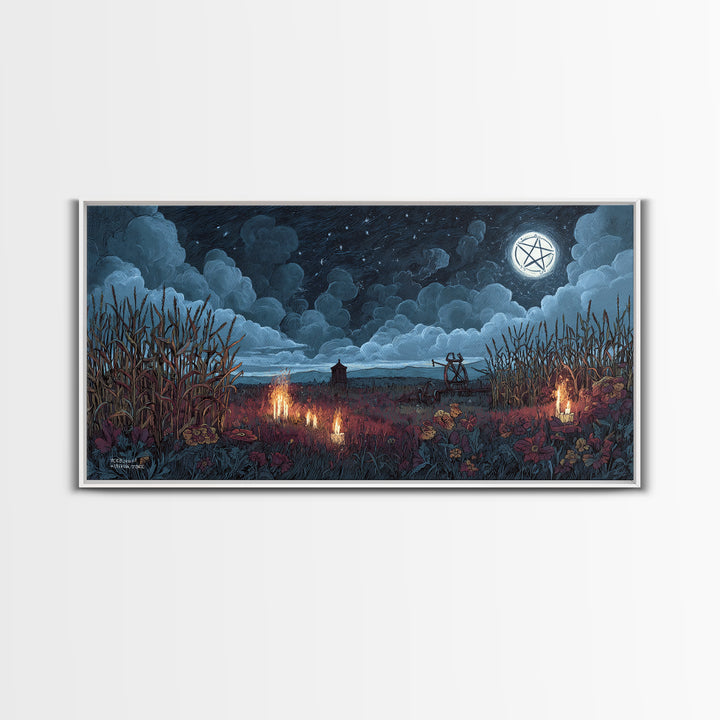The Harvest Of The Eldritch Field, Occult Wall Decor, Wide Panoramic Art, Framed Canvas Print, Halloween Home Decor, Gothic Wall Art