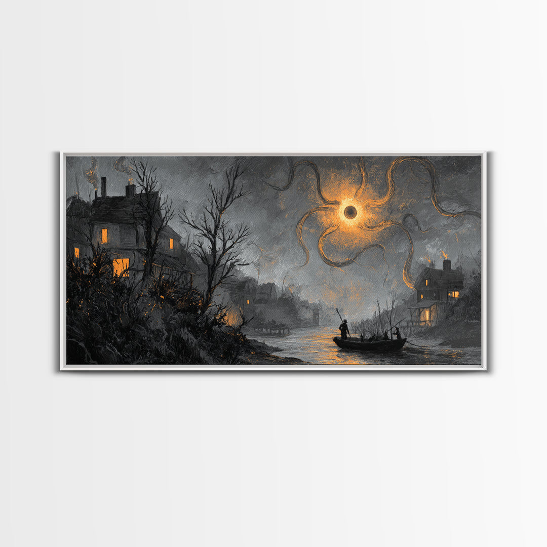 The Ferryman Of The Outer Marsh, Dark Fantasy Wall Art, Wide Panoramic Art, Canvas Print, Halloween Home Decor, Gothic Wall Art