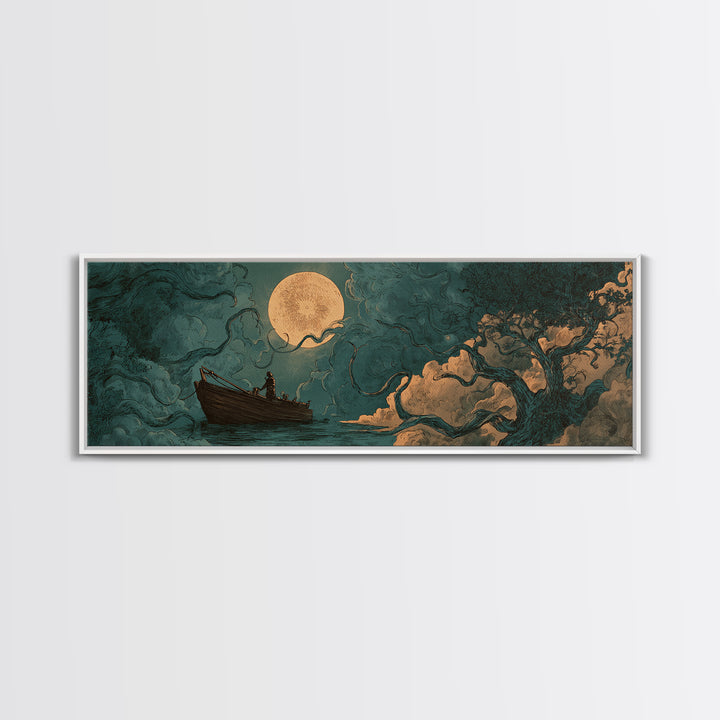 The Ferryman Of The Outer Marsh, Spooky Wall Decor, Extra Wide Wall Art, Framed Canvas Print, Halloween Home Decor, Gothic Wall Art