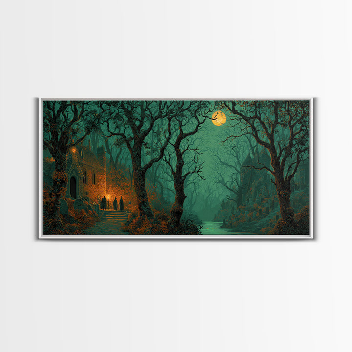 The Grave Gardener Of Yuggoth, Macabre Halloween Art, Wide Panoramic Art, Framed Canvas Print, Halloween Home Decor, Gothic Wall Art