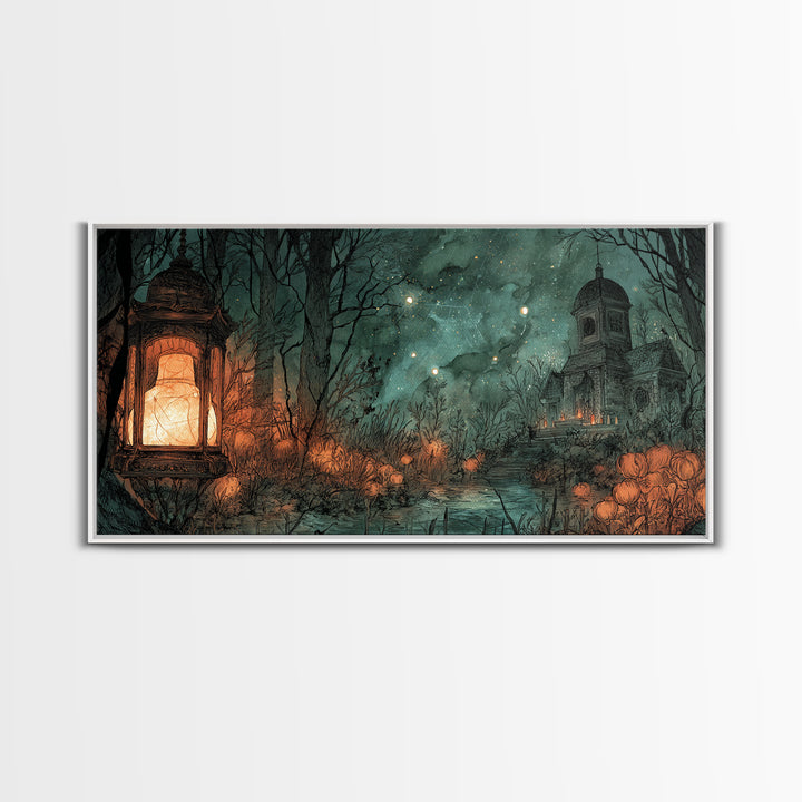 The Lantern Market Beyond The Veil, Eldritch Wall Art, Wide Panoramic Art, Canvas Print, Halloween Home Decor, Gothic Wall Art