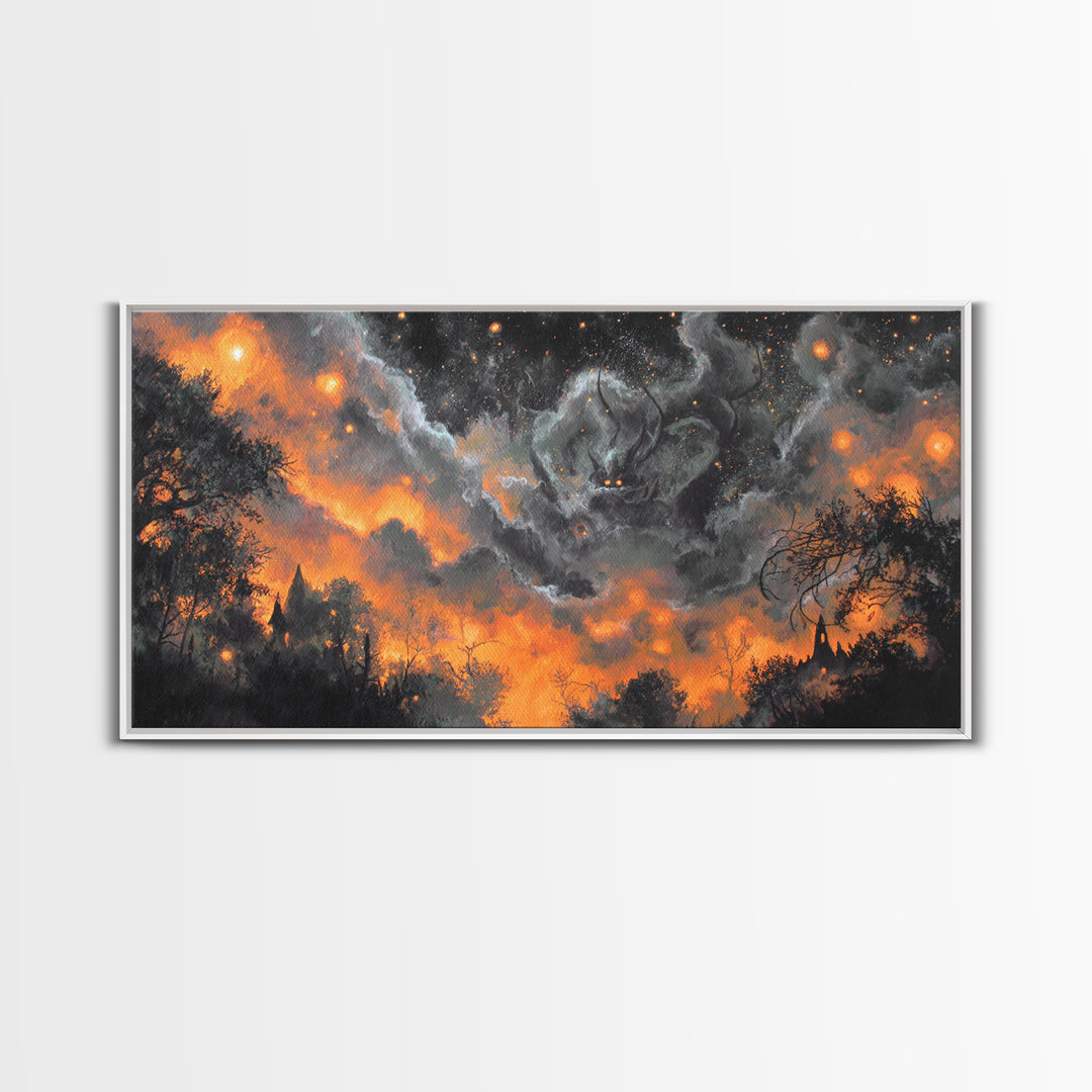 The Moth Prophet Of Kadath, Spooky Wall Decor, Wide Panoramic Art, Framed Canvas Print, Halloween Home Decor, Gothic Wall Art