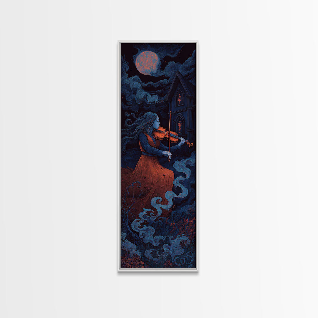 The Violinist Of The Drowned Moon, Macabre Halloween Art, Tall Narrow Wall Art, Canvas Print, Halloween Home Decor, Gothic Wall Art