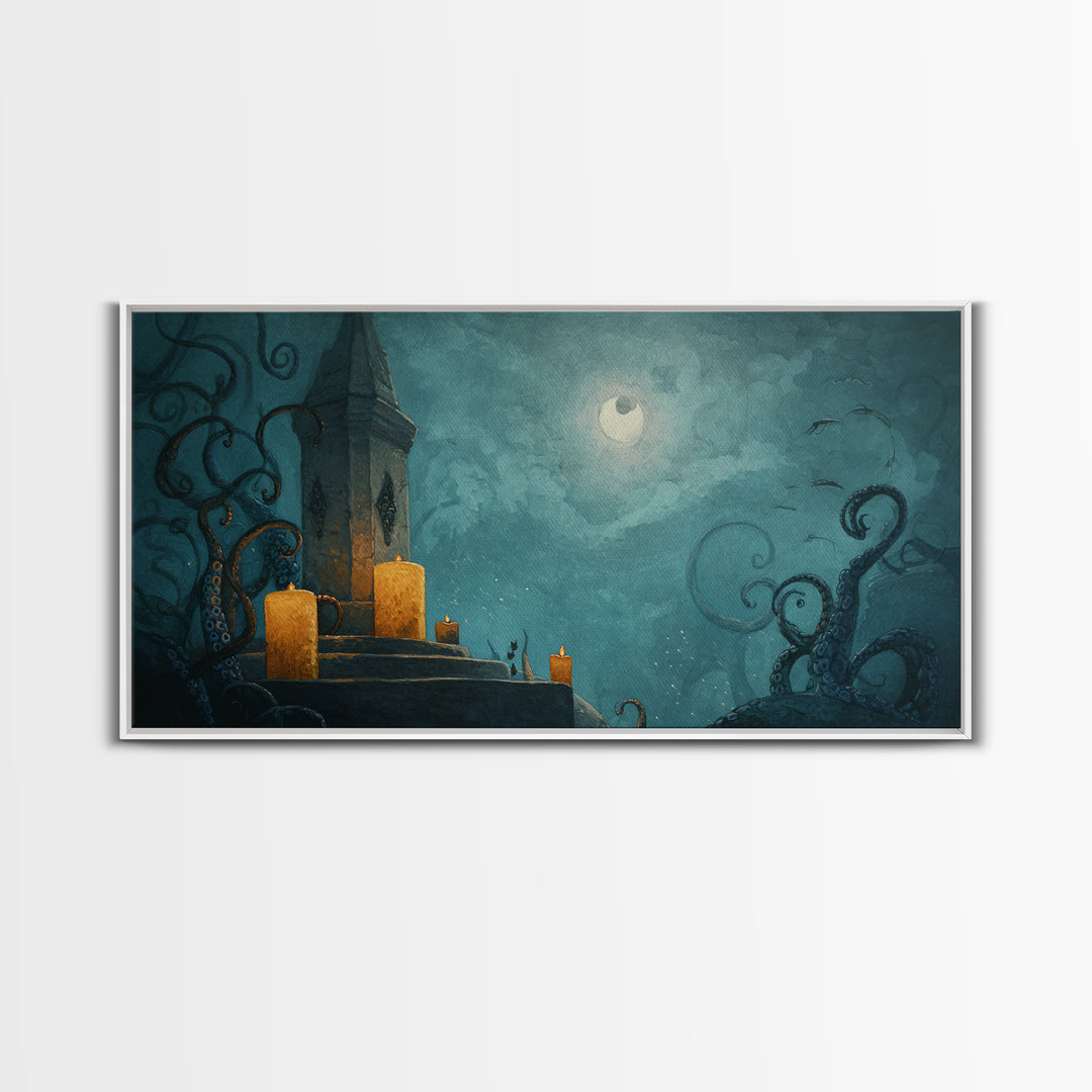 The Candelit Ark Of Forgotten Stars, Gothic Home Decor, Wide Panoramic Art, Framed Canvas Print, Halloween Home Decor, Gothic Wall Art