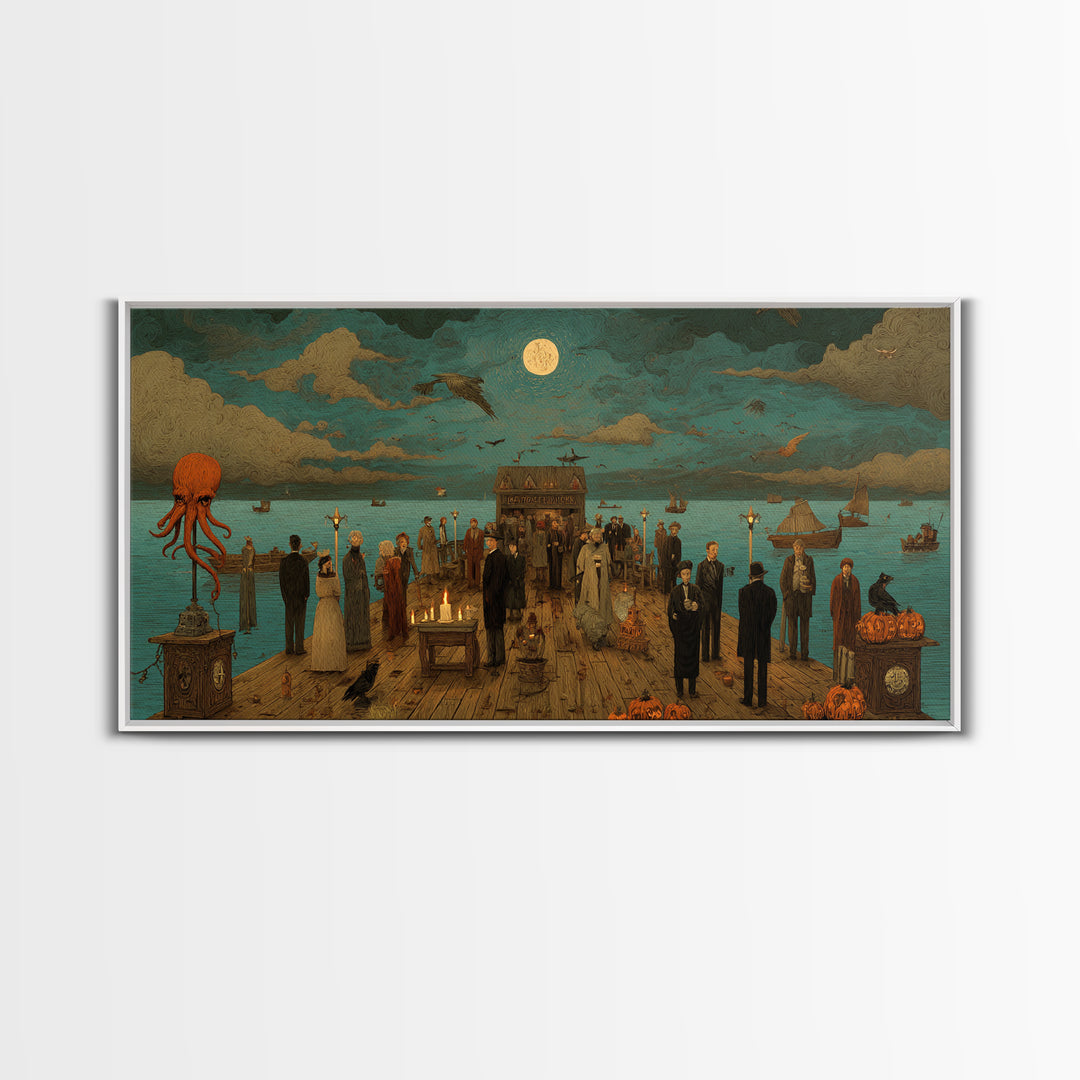 The Tea Party At Innsmouth Pier, Macabre Halloween Art, Wide Panoramic Art, Canvas Print, Halloween Home Decor, Gothic Wall Art