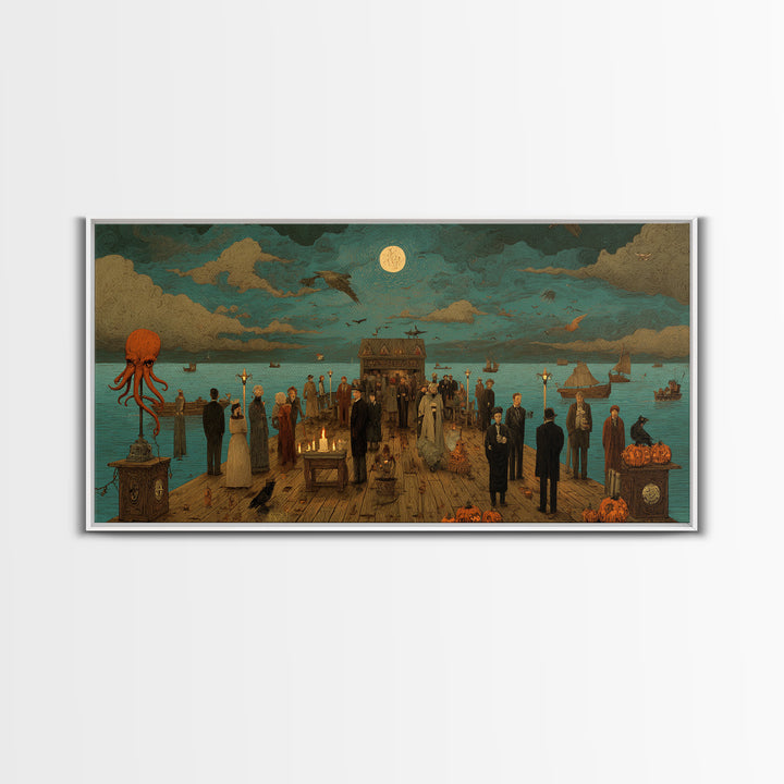 The Tea Party At Innsmouth Pier, Macabre Halloween Art, Wide Panoramic Art, Canvas Print, Halloween Home Decor, Gothic Wall Art