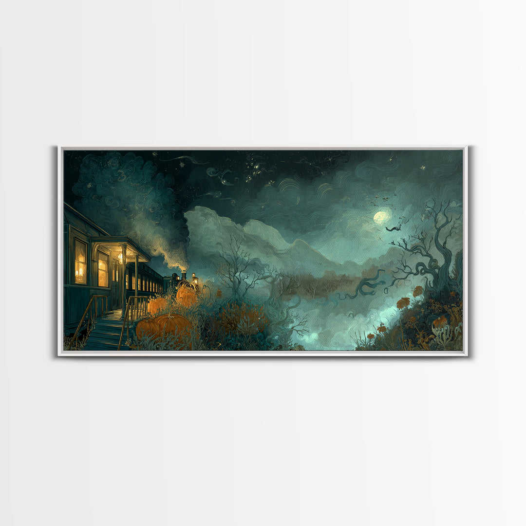 The Phantom Train To Kadath, Dark Fantasy Wall Art, Wide Panoramic Art, Canvas Print, Halloween Home Decor, Gothic Wall Art, Horror Wall Art