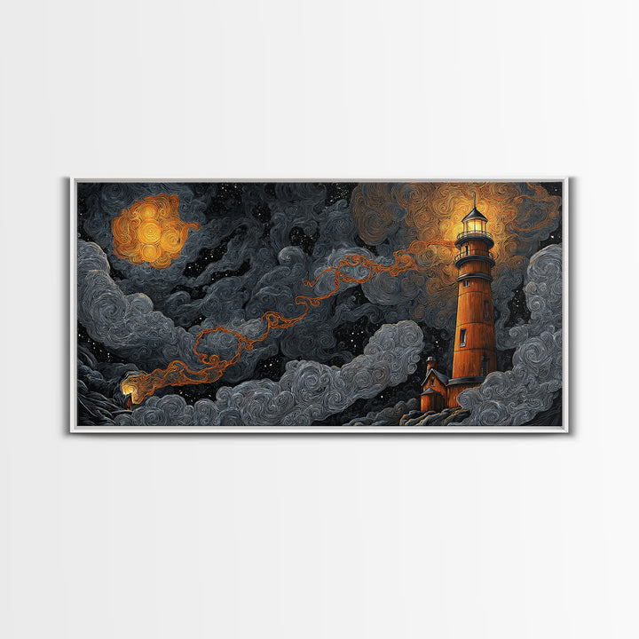 The Last Lighthouse Of Y’Ha-Nthlei, Dark Fantasy Wall Art, Wide Panoramic Art, Framed Canvas Print, Halloween Home Decor, Gothic Wall Art